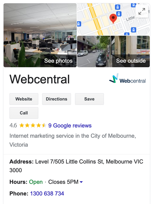 google business profile of webcentral au